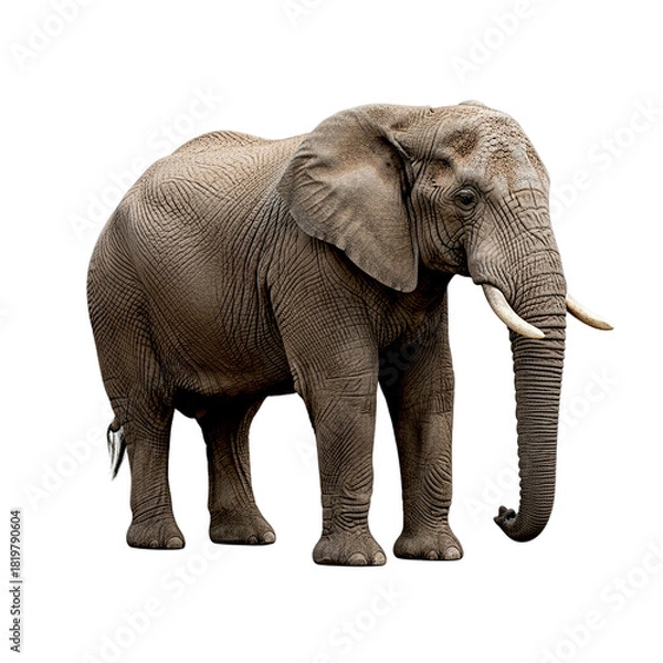 Fototapeta A full body shot of an african elephant standing against a dark black color isolated background view