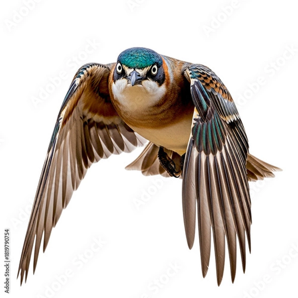 Fototapeta A colorful swallow bird with green head flying directly toward the camera with wings spread wide open