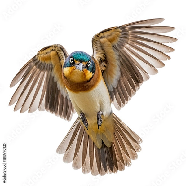 Fototapeta A colorful swallow bird mid flight with wings spread against a solid black background image capture