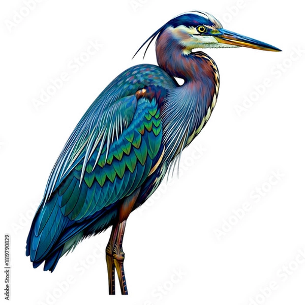 Fototapeta A vibrant heron stands tall with a black backdrop showcasing its colorful feathers and sharp beak