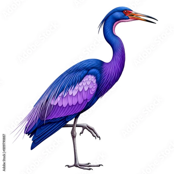 Fototapeta A blue and purple heron standing on one leg against a black background with its head turned right