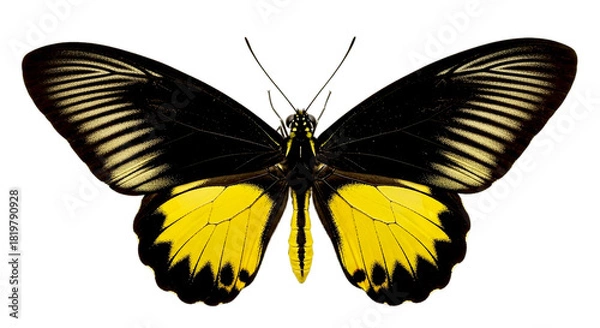 Fototapeta A vibrant butterfly with black and yellow wings spread open against a stark black background shows detail