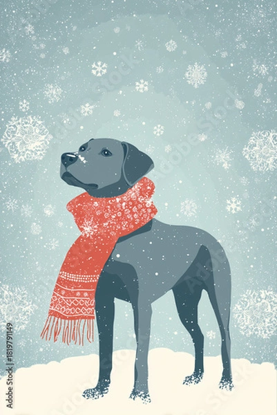 Fototapeta Gray dog wearing a patterned red scarf standing in falling snow against a soft winter background