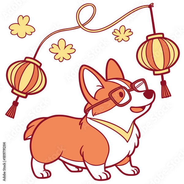 Fototapeta SVG art: A Funny Corgi in a Lunar New Year / Chinese New Year vibe with wearing glasses, tinted with Year of the Dragon (or relevant animal) tones