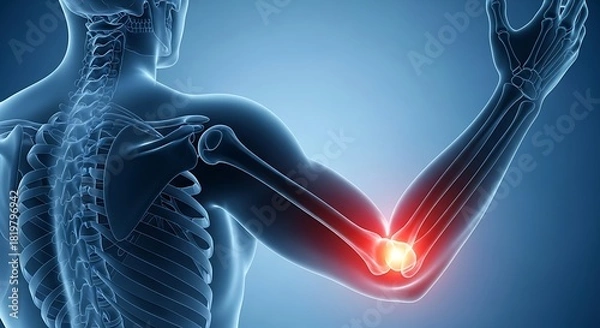 Fototapeta Human Skeleton Arm with Painful Elbow Joint Highlighted in Red - 3D Medical Illustration