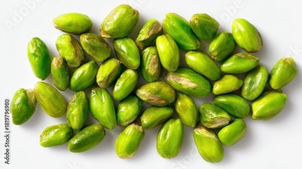 Obraz Fresh green pistachios scattered on white background