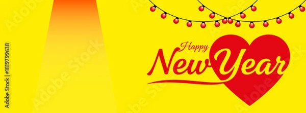 Fototapeta Cheerful vector greeting 'Happy New Year' on a red heart, illuminated by red string lights against a vibrant yellow background. Ideal for warm and inviting promotions.