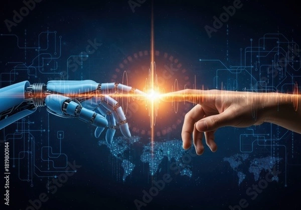 Obraz Human hand and robot hand touching, representing artificial intelligence and technology