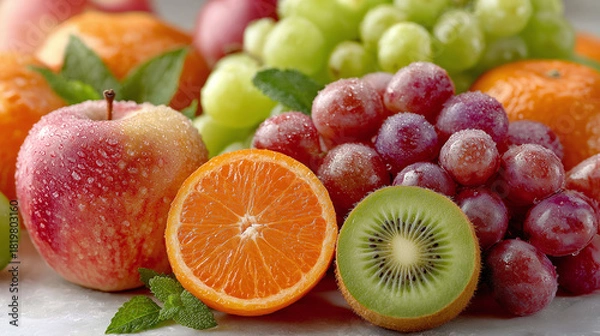 Obraz Vibrant still life features an apple, sliced orange, kiwi, green and red grapes, and mandarin oranges, lit by soft, diffused light, creating a refreshing, healthy and bright mood