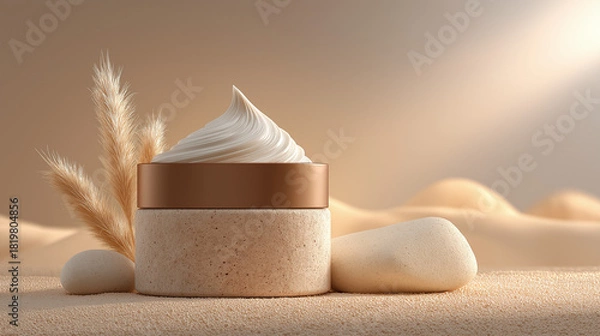 Obraz A jar of cream sits among sand, stones, and pampas grass. The light is gentle, creating a calm and luxurious mood perfect for showcasing skincare or wellness products