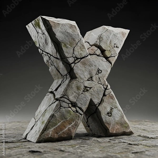 Fototapeta 3D Rendered Cracked Stone Letter X Alphabet Typography Design Element