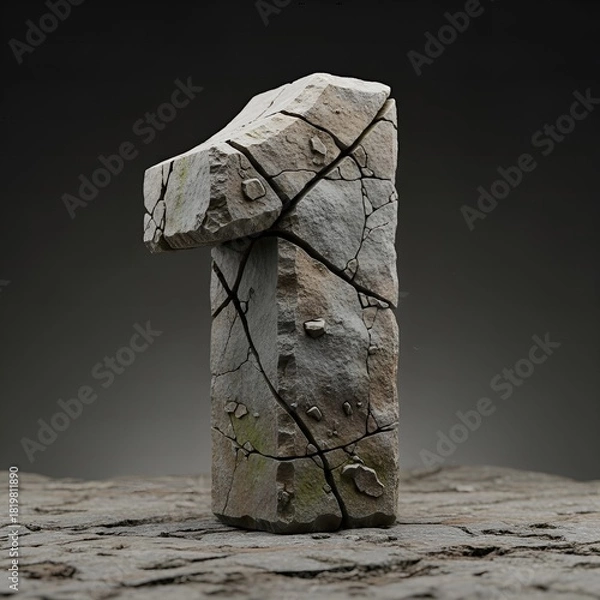 Fototapeta Detailed Stone Number One Sculpture Cracks and Fissures Against Dark Background