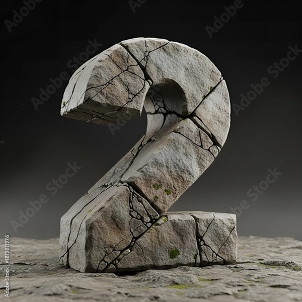 Fototapeta Rough Stone Detailed Number Two Character with Cracks and Moss