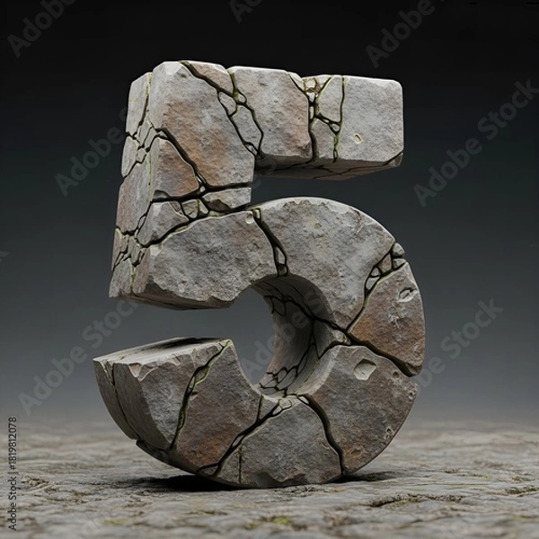 Fototapeta Stone Textured Number Five with Cracks and Moss Decorative Element