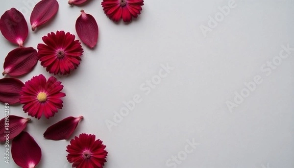 Obraz Red flowers and petals located in the left third of a light background with copy space