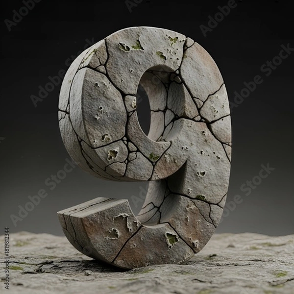 Fototapeta Rough Stone Textured Number Nine with Cracks and Moss Detail on Surface
