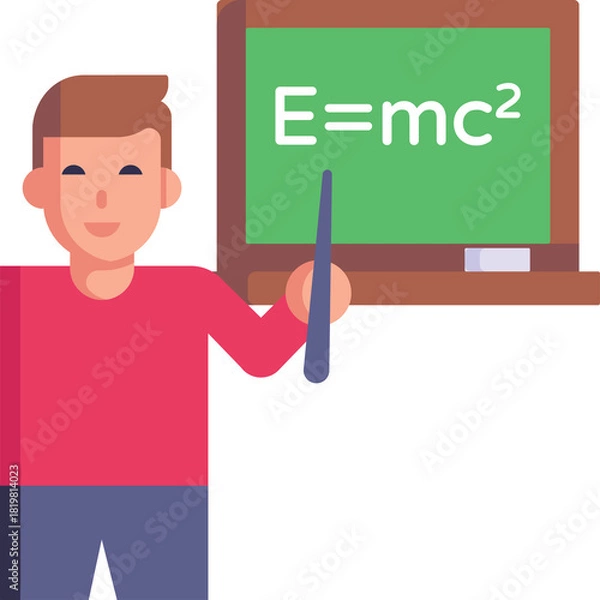 Fototapeta Teacher pointing to E equals mc squared equation on a green chalkboard with a man in a pink shirt and blue pants and a transparent background