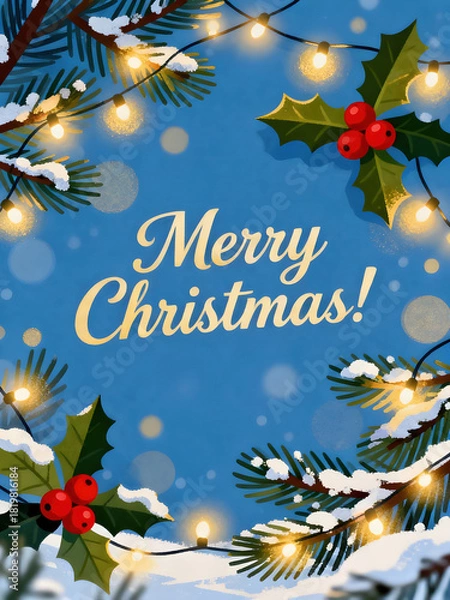 Fototapeta Festive Merry Christmas Greeting Card with Lights, Holly, and Snowy Pine Branches