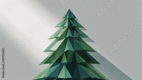 Obraz Geometric green fir tree casting a shadow on a white background
