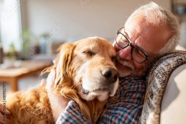 Obraz Senior man cuddling golden retriever in cozy living room