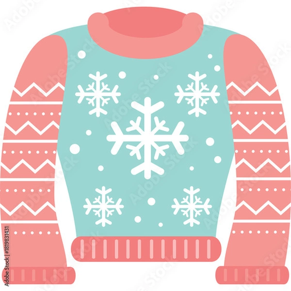 Fototapeta Teal and pink Christmas sweater with white snowflakes and geometric patterns on sleeves and collar