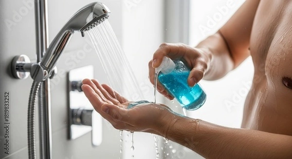 Obraz Man pouring blue shower gel from bottle into his hand under running water from a shower head. Personal hygiene routine and refreshing cleansing concept.
