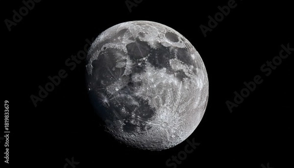 Fototapeta detailed close up of a full moon isolated on a black sky background showing craters and lunar texture astronomical celestial body for science or mystical themes