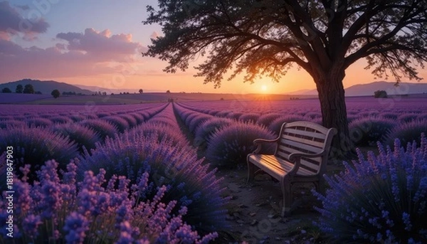 Fototapeta Scenic lavender field at sunset with a bench under a tree, tranquil nature landscape