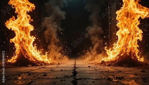 Fototapeta Blazing Pillars of Fire Ascend from Fractured Ground, Illuminating a Cavernous Darkness with Fiery, Explosive Power and Intense Heat