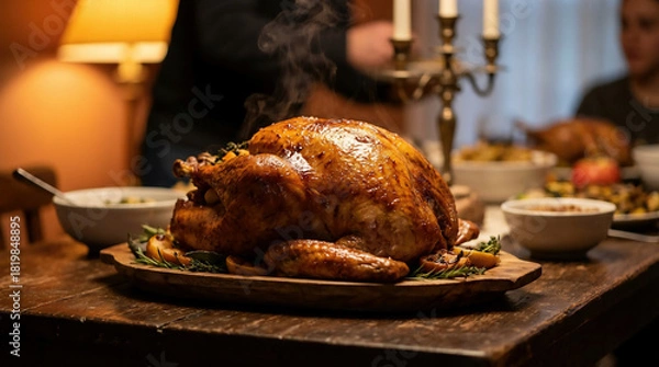 Fototapeta Roasted Turkey Centerpiece On Rustic Table With Warm Lighting
