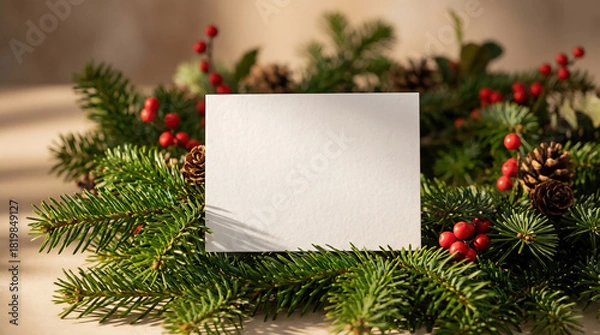 Fototapeta Card On Fir Branches Red Winterberries Elegant Shadows Background
