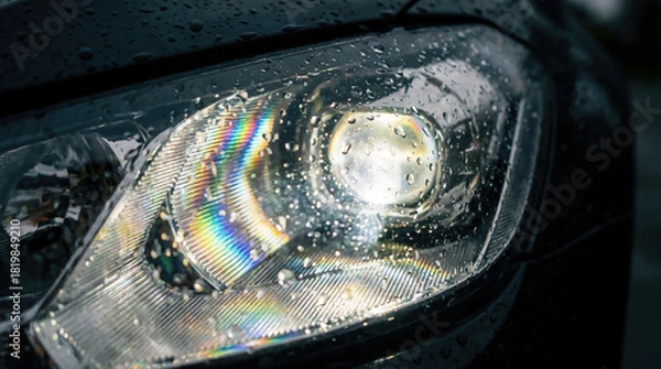 Fototapeta Car Headlight Lens Macro Rain Droplet LED Illumination Detail