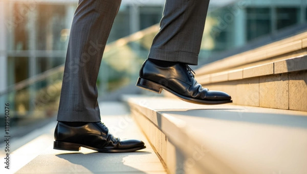 Fototapeta Close-up of a professional confidently stepping up stone stairs in polished black oxford shoes, symbolizing ambition, career growth and forward momentum in a modern business environment