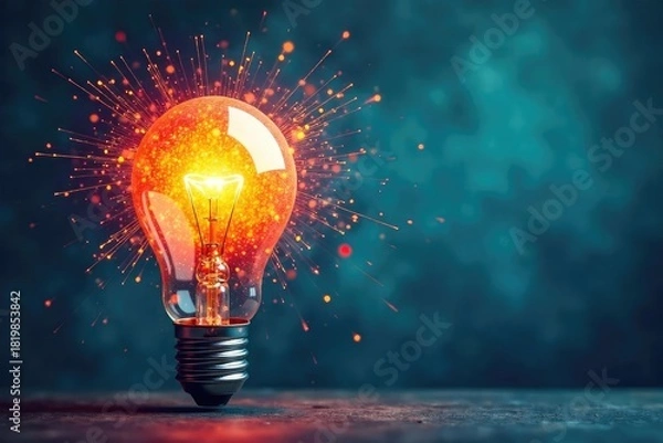 Fototapeta A lightbulb explodes with vibrant, colorful ideas, symbolizing creative breakthroughs and innovative thinking in a dynamic, abstract representation , bright, perspective, contemporary