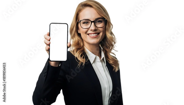 Fototapeta Businesswoman in suit presenting blank smartphone screen with a smile background transparent
