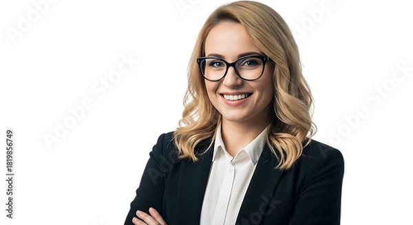 Obraz Portrait of a blonde woman smiling wearing glasses and a business suit background transparent