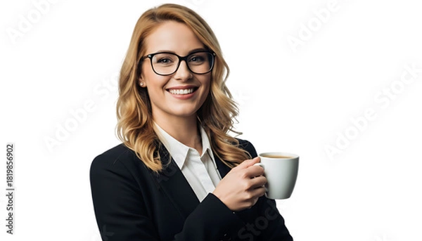 Fototapeta Smiling woman in business attire holding a mug against black background background transparent