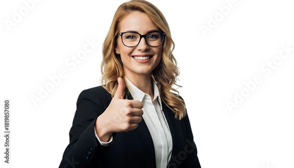 Fototapeta Portrait of a smiling woman with glasses giving a thumbs up gesture background transparent