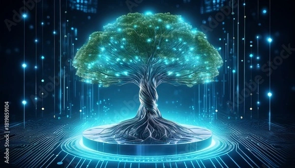 Obraz a futuristic tree with roots emitting light on a digital platform