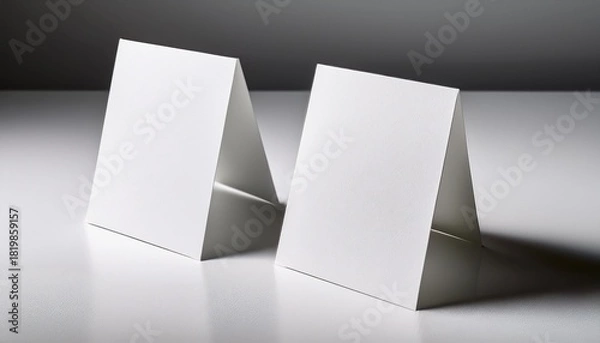 Fototapeta two blank white tent cards stand on a stark white background angled slightly away from each other casting subtle shadows