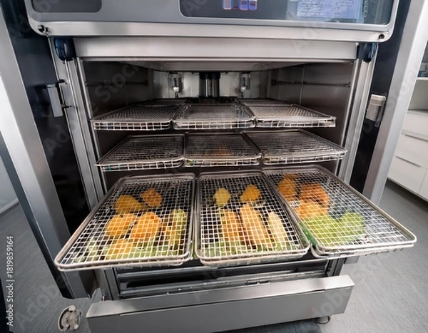 Obraz freeze drying machine with multiple trays loaded with food samples for drying process