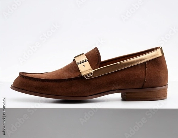 Obraz a pair of brown suede loafers sits on a white surface the shoes have a distinctive strap closure with a large gold colored buckle