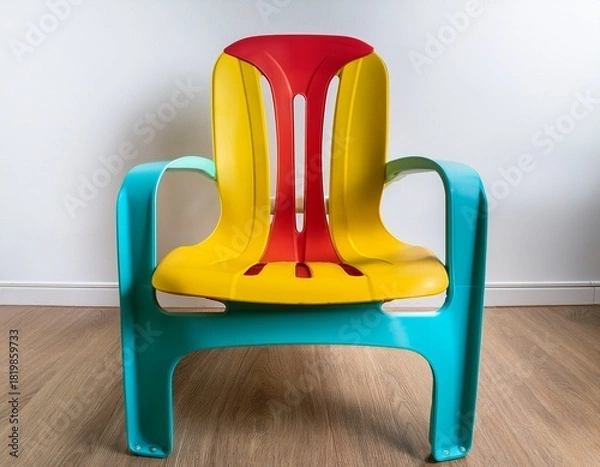Obraz a vibrant colorful plastic chair sits alone against a stark white wall the chair is predominantly yellow with turquoise and red accents on the armrests and legs