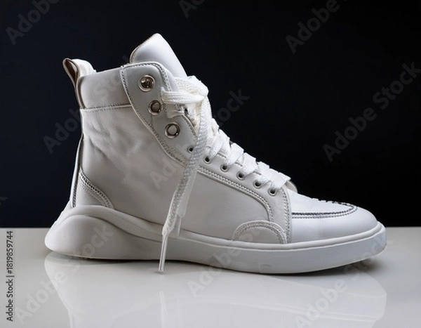 Obraz a pair of white leather high top sneakers sits on a white surface the sneakers have white laces and a white sole the shoes are positioned in the foreground with a blurred black background