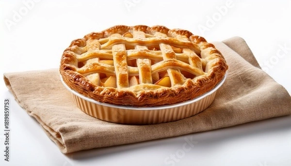 Obraz a golden brown apple pie with a lattice crust rests on a beige linen napkin isolated on a white background