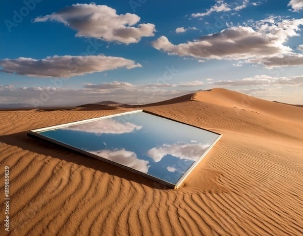 Fototapeta desert mirage a rectangular mirror reflects the sky and clouds in a sandy landscape blurring reality and reflection in a serene outdoor scene