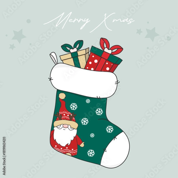 Fototapeta Christmas Stocking with Santa and Wrapped Gifts – Green Sock with Snowflakes and ‘Merry Xmas’ Text on Light Background