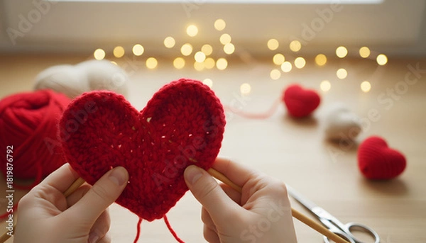 Obraz  Warm Valentine-themed scene showing hands knitting a soft red heart. Yarn, cozy light, and decorative hearts create a romantic, handmade atmosphere perfect for love, gifting, and holiday concepts.