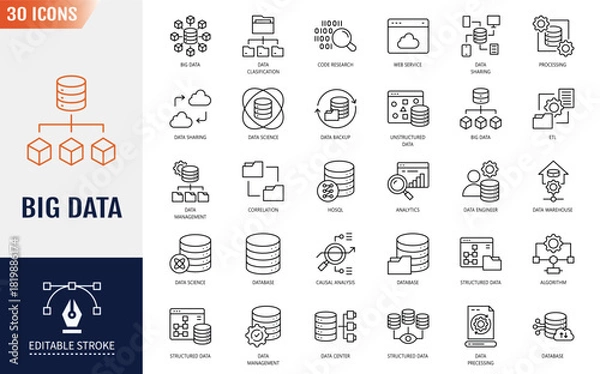 Fototapeta Big Data icon set. Database, data center, server, storage, hosting, and more. Editable stroke. Vector Illustration