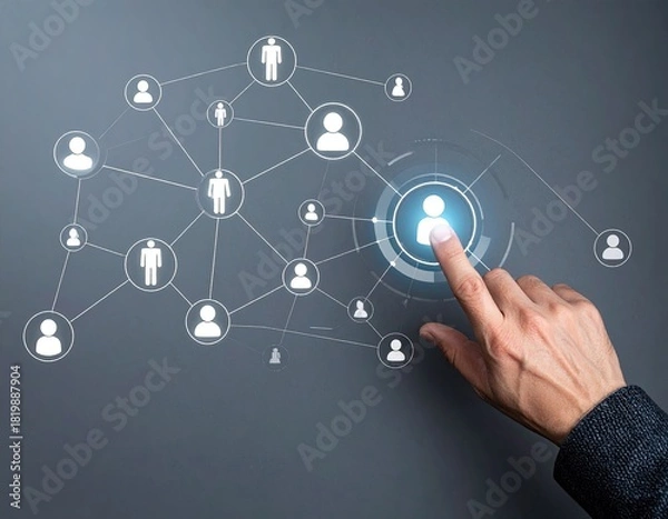 Fototapeta Finger taps glowing social network node on gray backdrop